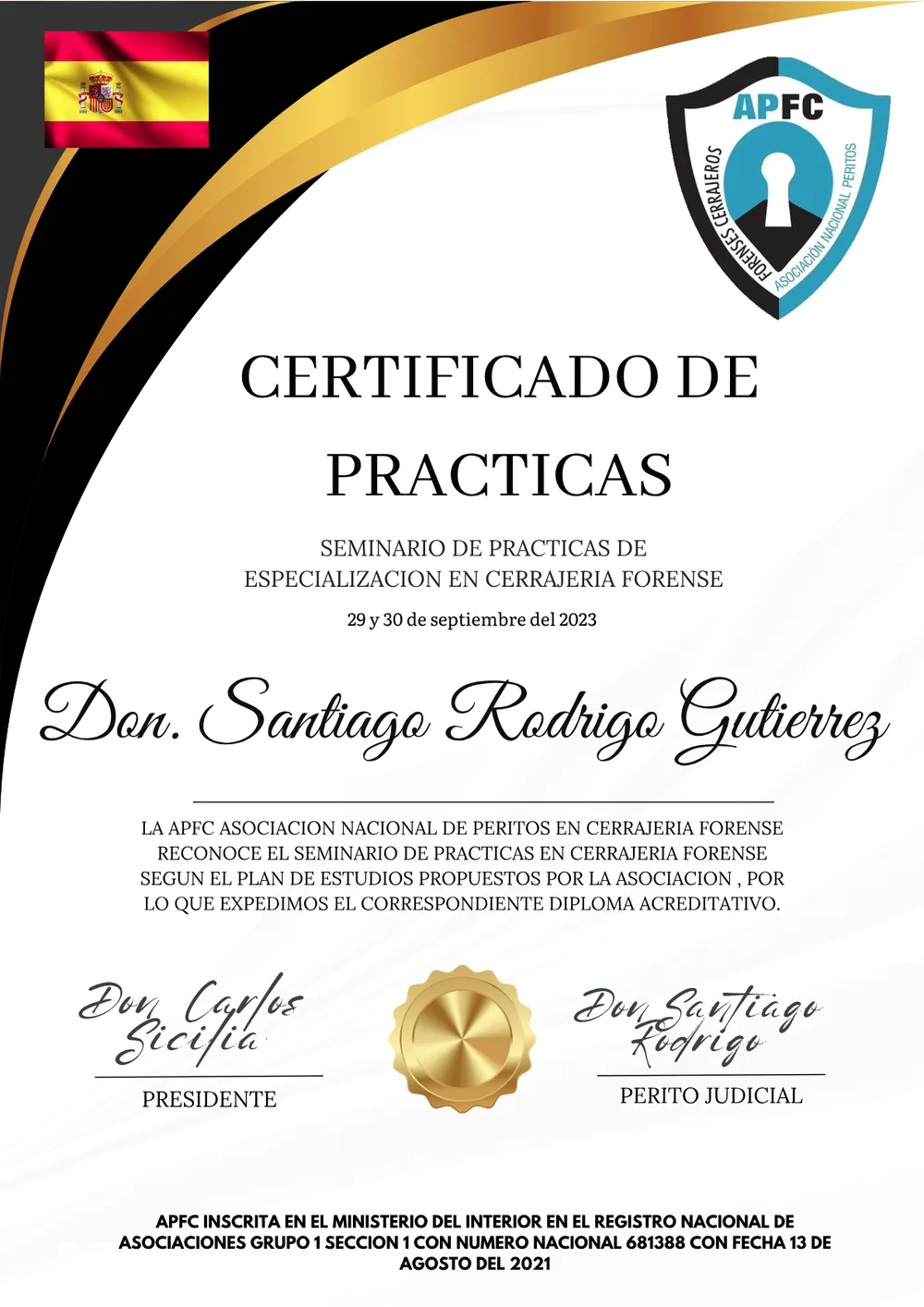 Título: Seminario de Prácticas de Especialización en Cerrajería Forense — APFC – Asoc. Nacional de Peritos en Cerrajería Forense