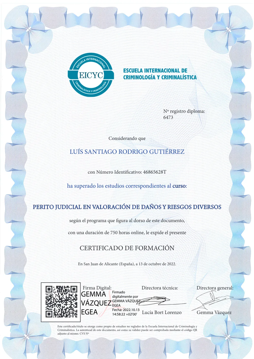 Título: Perito Judicial en Valoración de Daños y Riesgos Diversos (750 h) — EICYC – Escuela Int. de Criminología y Criminalística